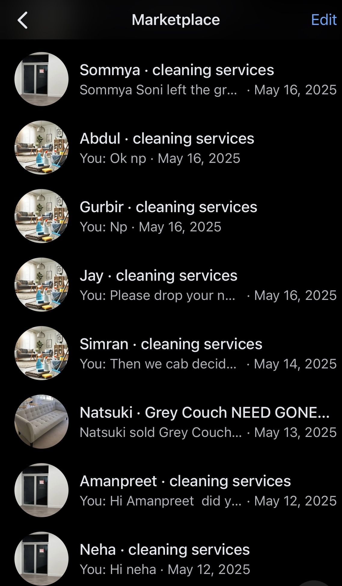Marketplace inbox screenshot showing inquiries (anonymized).